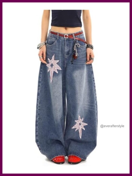Denim - Baggy Barrel Jeans Low Rise Star Patchwork Y2K Cotton Blend